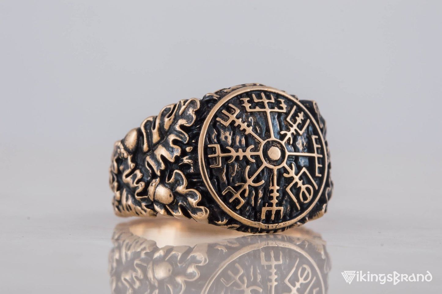 Vikings Vegvisir Symbol with Oak Leaves and Acorns Bronze Viking Ring