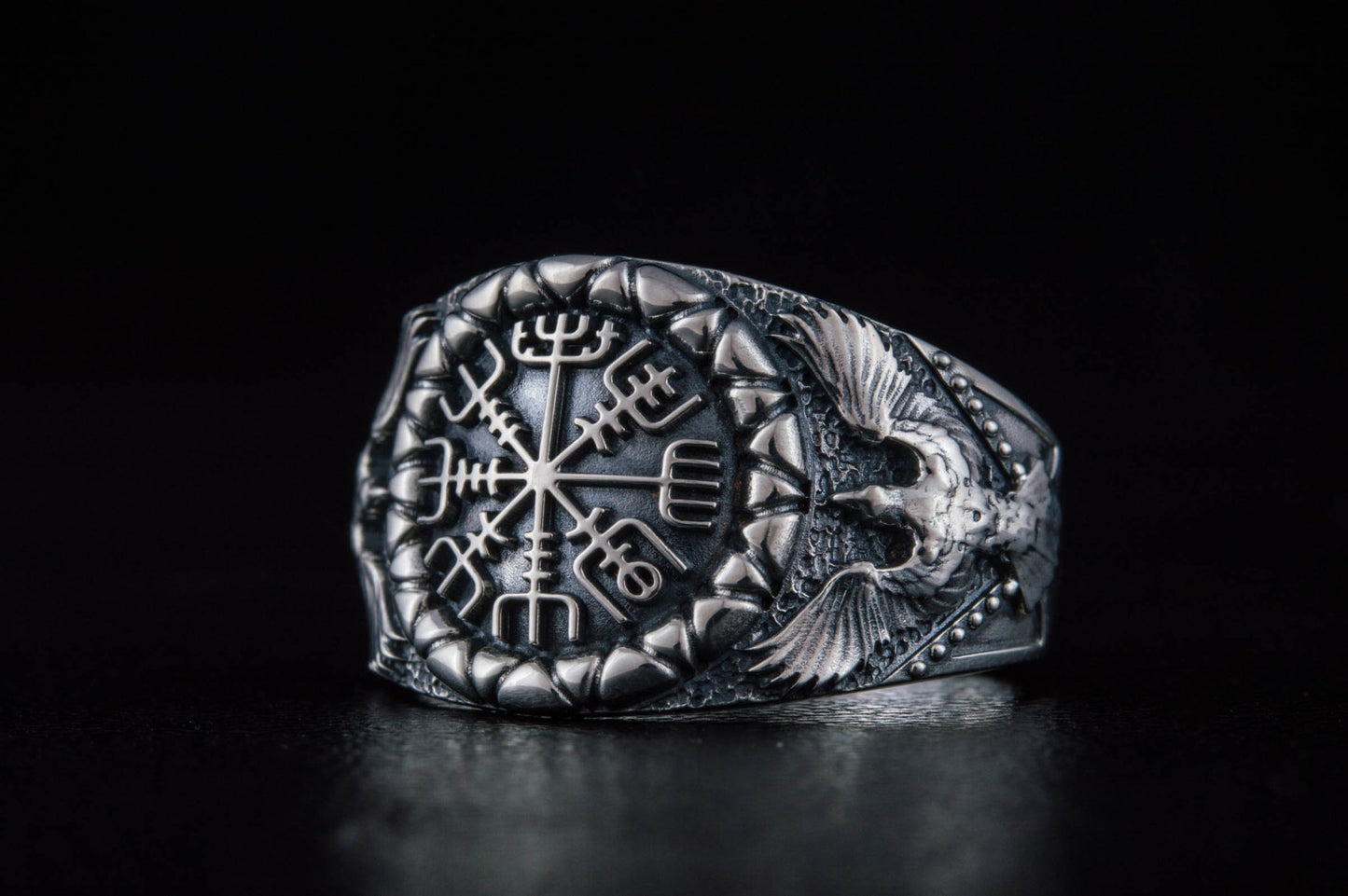 Vikings Vegvisir Symbol with Raven Style Gold or Sterling Silver Norse Ring