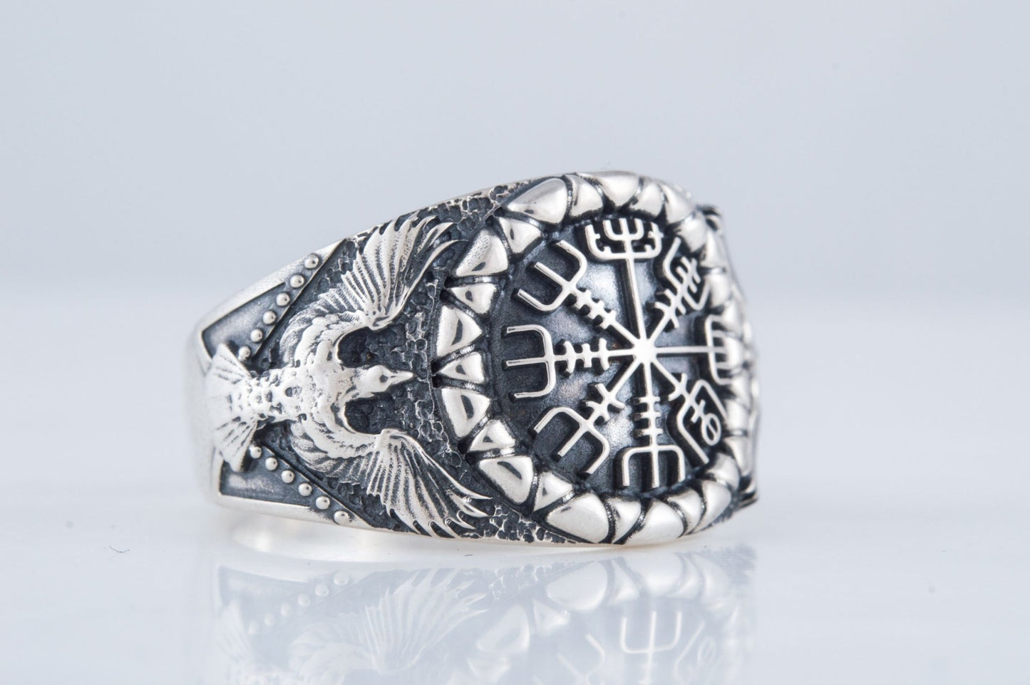 Vikings Vegvisir Symbol with Raven Style Gold or Sterling Silver Norse Ring