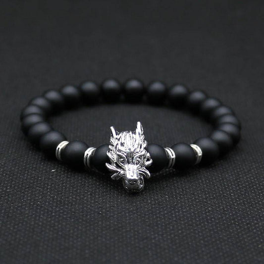 viking wolf head bracelet with black lava rock beads – view 2