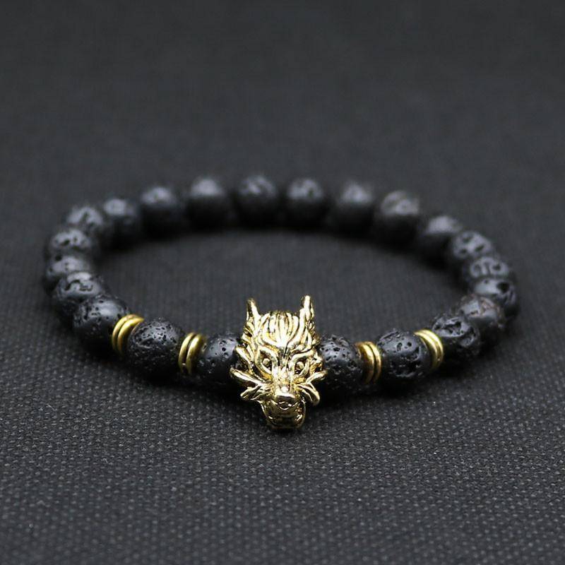 viking wolf head bracelet with black lava rock beads – view 3