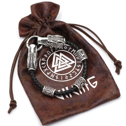 viking wolf head leather bracelet with 3 runes – view 2