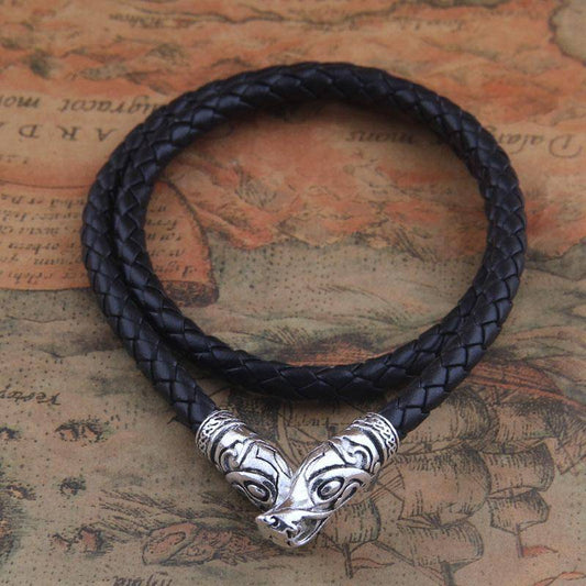 wolf head leather necklace with Mjolnir – view 2