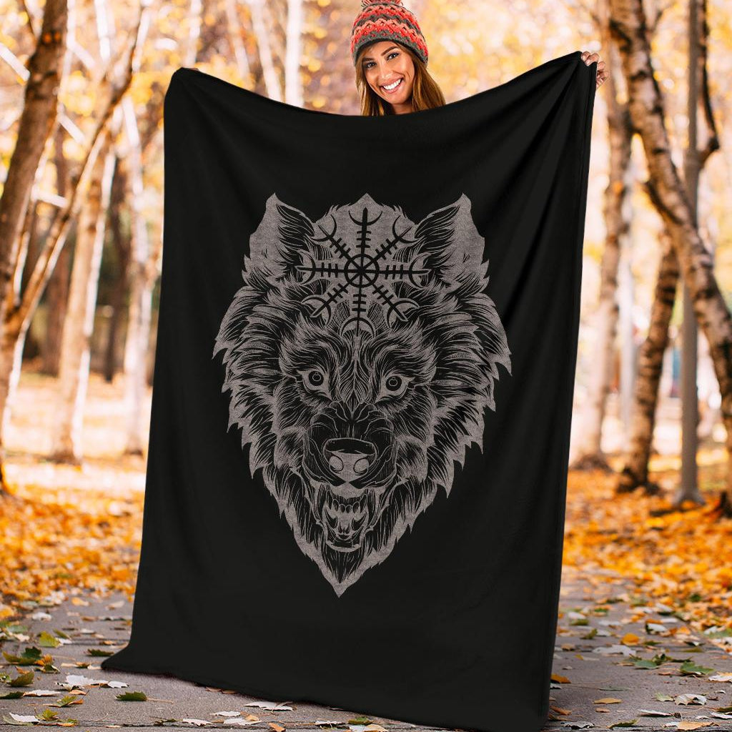 Wolf Head with Helm of Awe Fleece Blanket - VikingsBrand