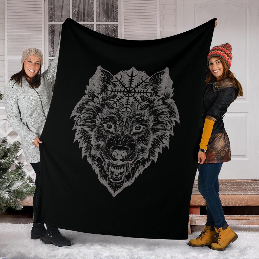 Wolf Head with Helm of Awe Fleece Blanket - VikingsBrand