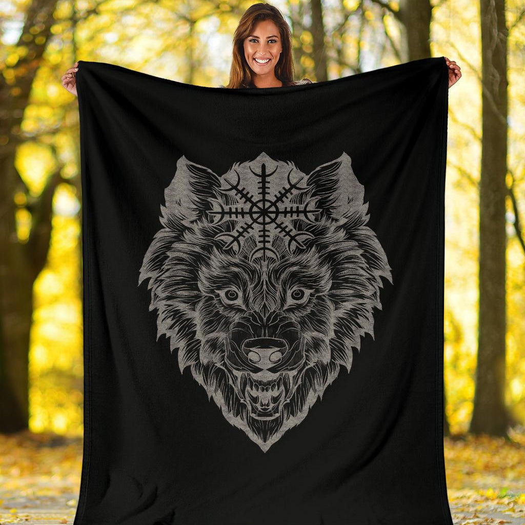 Wolf Head with Helm of Awe Fleece Blanket - VikingsBrand