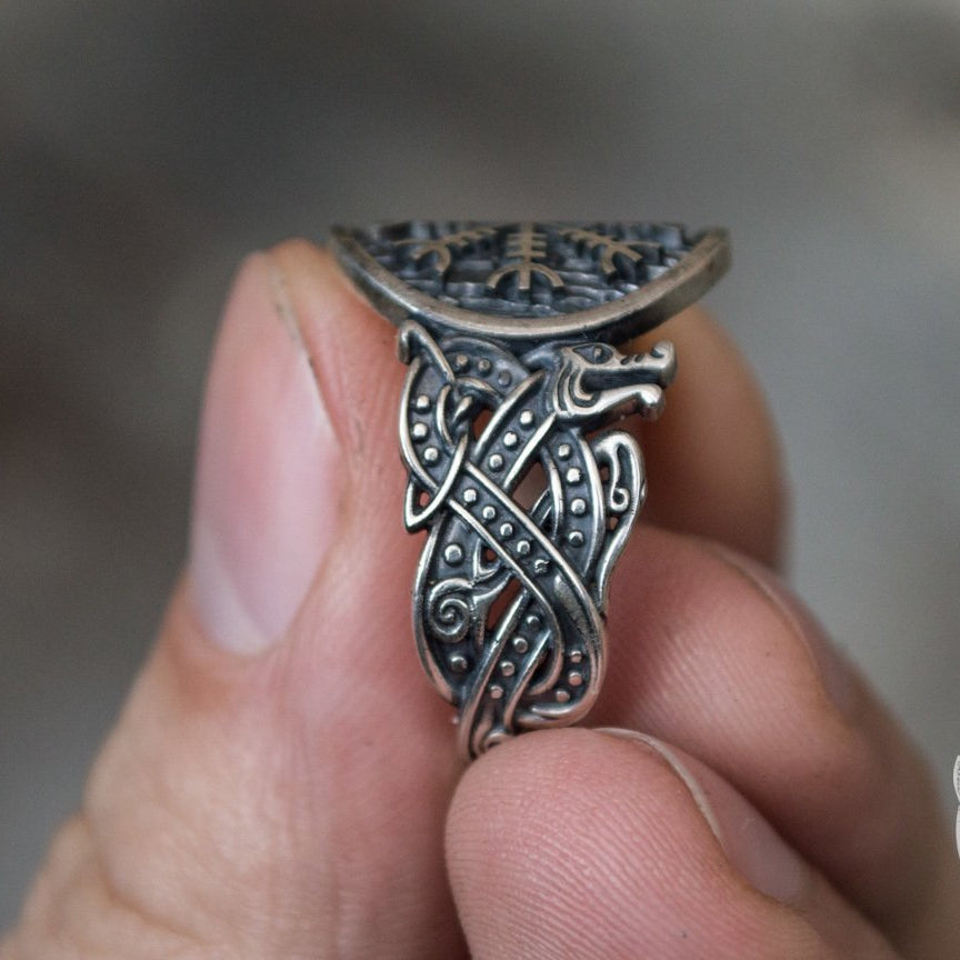Wolf Style Helm of Awe Symbol 925 Sterling Silver Norse Ring - VikingsBrand