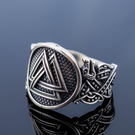 Wolf Style Valknut Symbol 925 Sterling Silver Norse Ring - VikingsBrand
