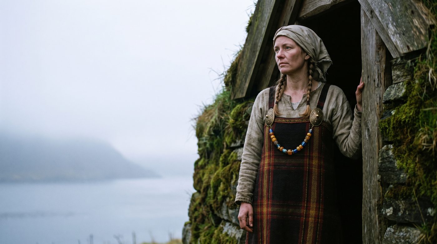 A Norse woman in a woollen apron dress fastened with oval tortoise brooches outside a turf longhouse