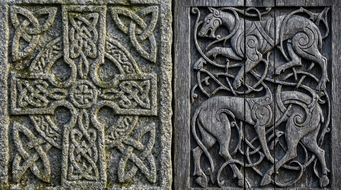A Celtic stone interlace panel beside a carved oak panel of Norse animal interlace