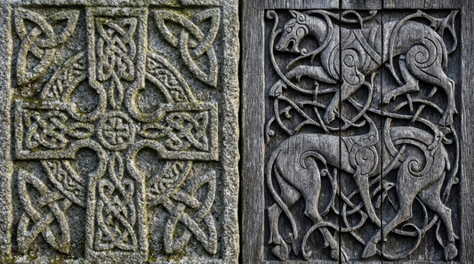 A Celtic stone interlace panel beside a carved oak panel of Norse animal interlace