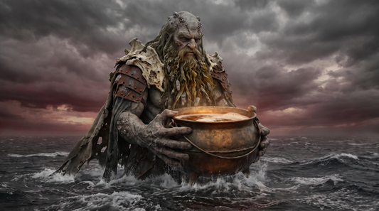 Aegir the Norse sea giant rising from a storm-dark ocean holding a great ale cauldron, waves curling around him