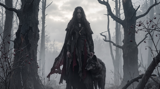 Angrboda the giantess standing at the edge of the Ironwood with a young wolf at her side