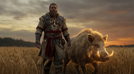 Freyr the Norse harvest god standing in a ripe barley field at golden hour with the glowing boar Gullinbursti beside him