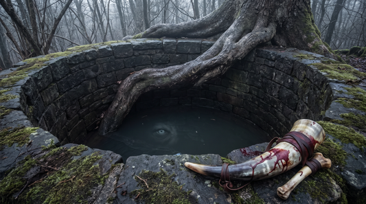 Odin's eye gleaming at the bottom of Mimir's well beneath a massive root of Yggdrasil