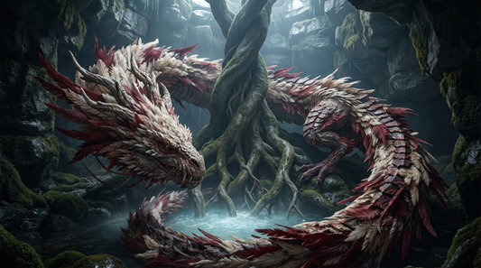 Nidhogg the dark dragon gnawing at a massive root of Yggdrasil beneath the earth