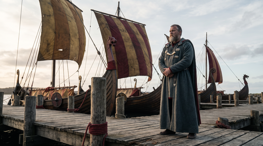 Njord the Norse sea god standing on a harbor pier at Noatun with wind filling the sails of longships behind him