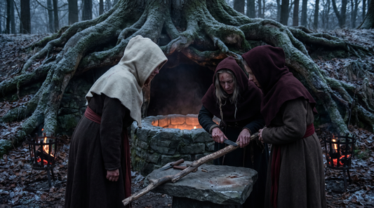 Three Norns carving fate into wooden staves beside the Well of Urd beneath the roots of Yggdrasil
