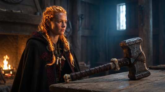 Sif with flowing golden hair standing in a torchlit Norse hall with Thor's hammer resting on the table beside her