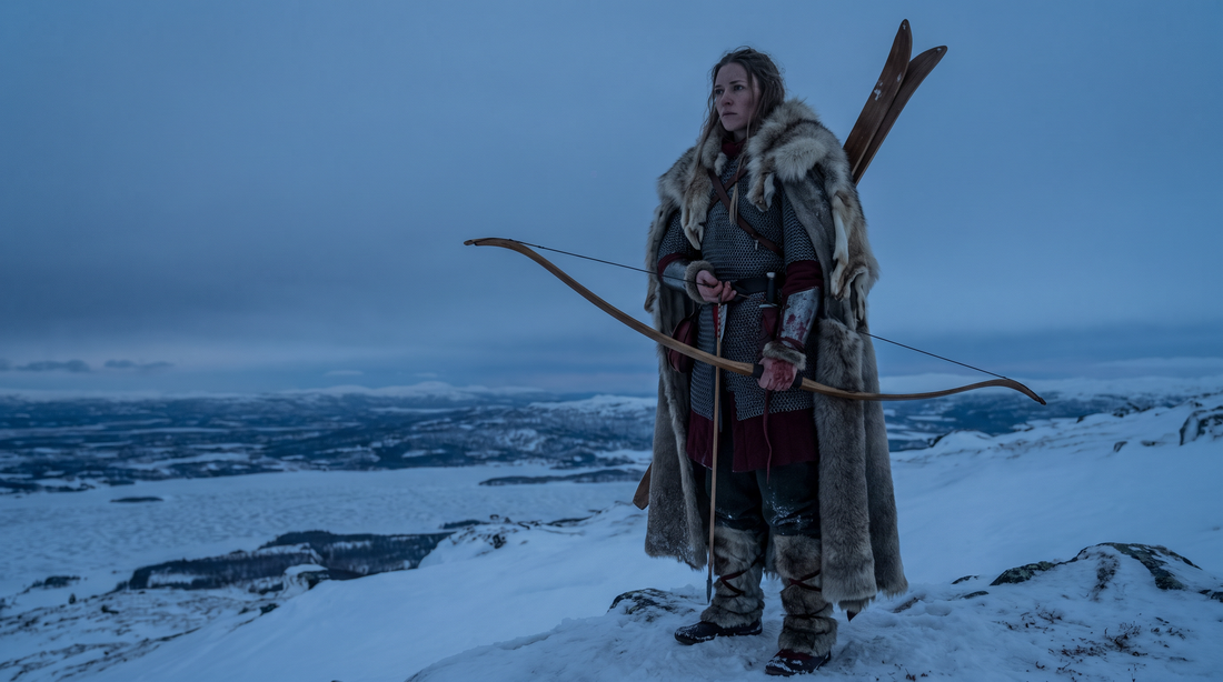 Skadi the Norse winter goddess with bow and skis on a snowy mountain ridge at dusk