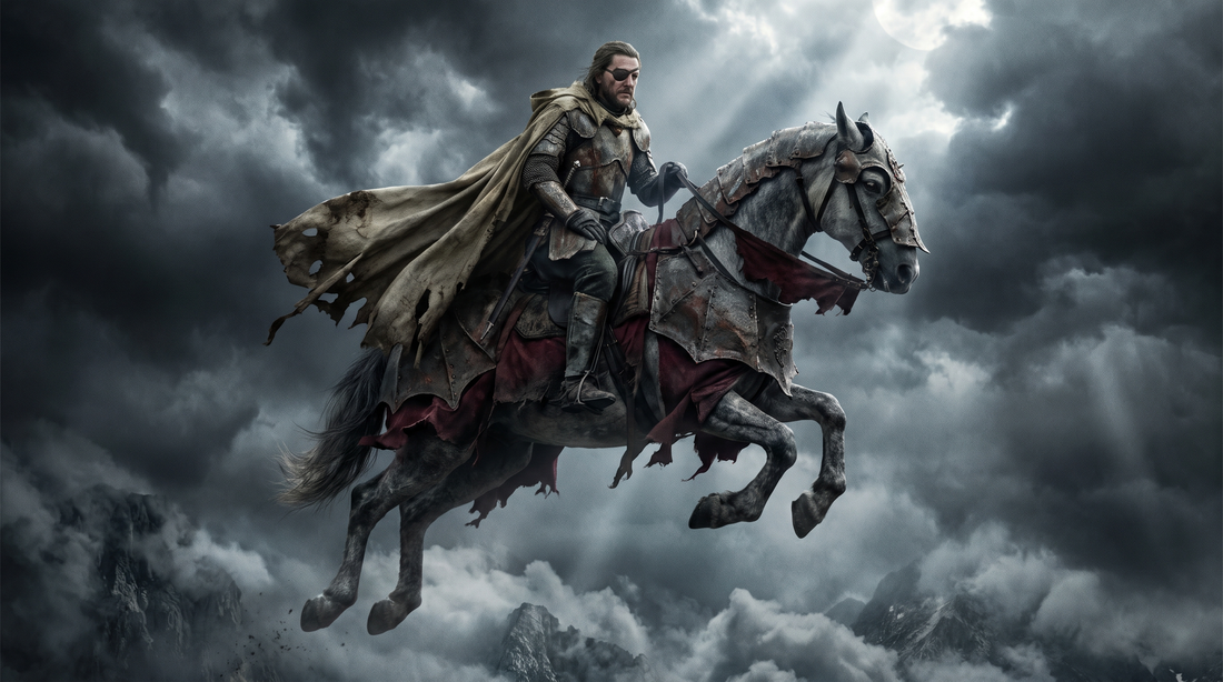 Odin riding the eight-legged horse Sleipnir through a storm-lit sky above a dark fjord landscape