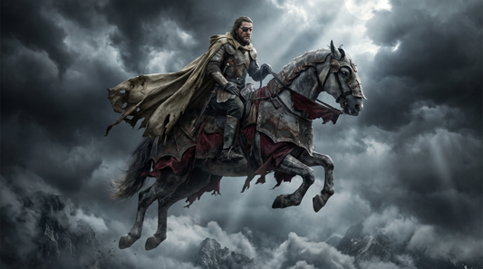Odin riding the eight-legged horse Sleipnir through a storm-lit sky above a dark fjord landscape