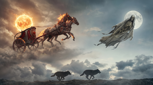 Sol driving the blazing sun chariot and Mani guiding the pale moon across one twilight sky, wolves running below the clouds
