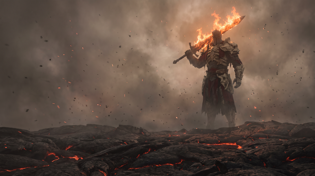 Surtr the fire giant towering over a black lava field with a flaming sword raised against a darkened sky