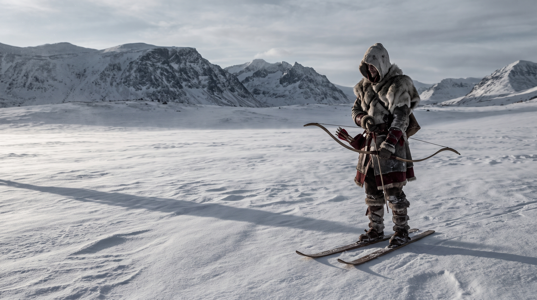 Ullr the Norse god of winter on skis with a yew bow under a pale northern sky