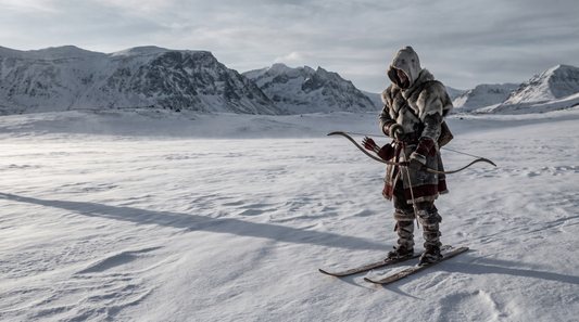 Ullr the Norse god of winter on skis with a yew bow under a pale northern sky