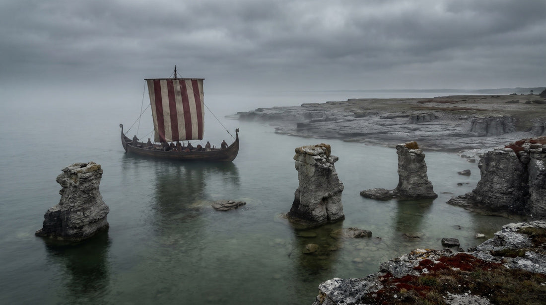 A Viking ship with a red and bone striped sail sails past limestone sea stacks on the Gotland coast at dawn (modern illustration)