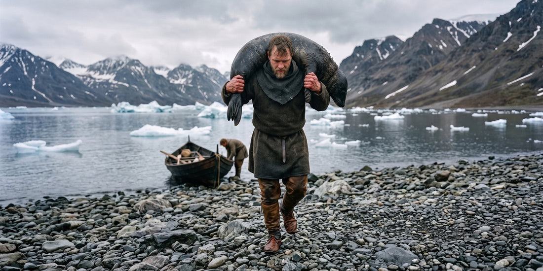 A Norse man carrying a seal over his shoulders up a stony Greenland shore, a boat and icebergs behind him