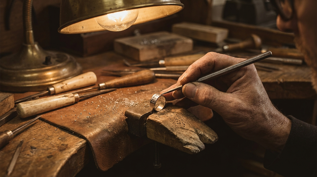 A jeweller cutting a rune into a silver band held in a wooden ring clamp at a workbench