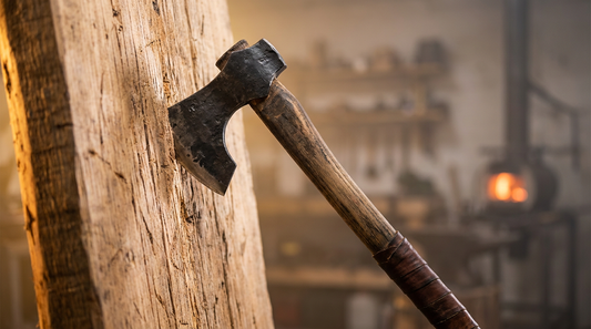 A Viking-style single-bit throwing axe stuck blade-first in the bullseye of a wooden target board