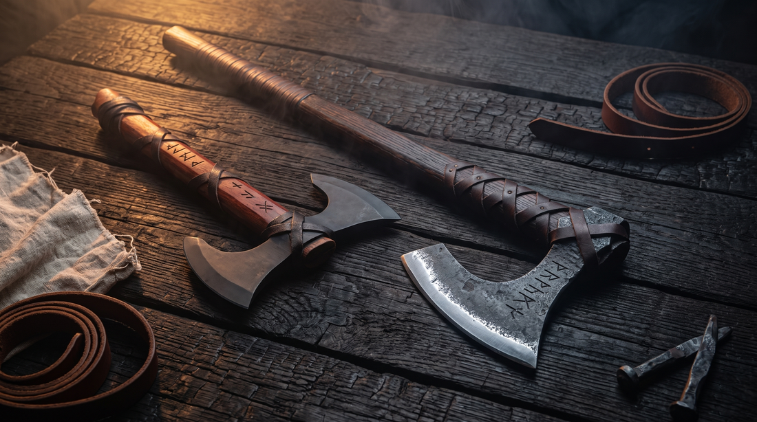 A short one-handed bearded Viking axe beside a long two-handed Dane-style axe on dark wood