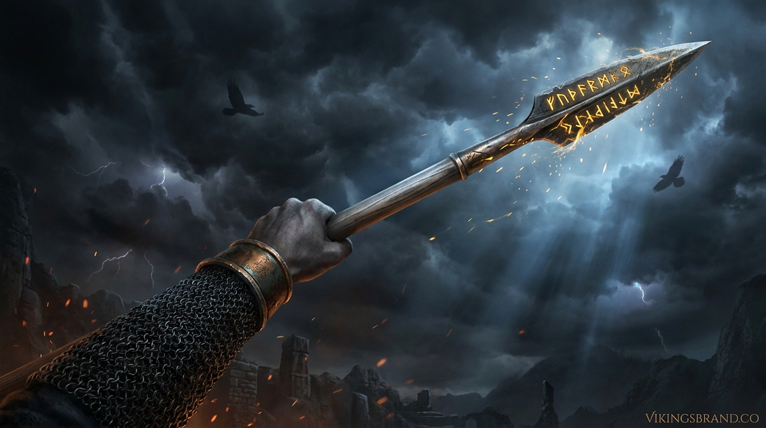Gungnir, the rune-etched spear of Odin, raised against a storming Norse sky