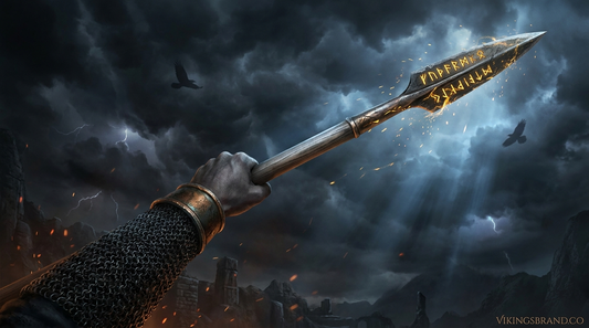 Gungnir, the rune-etched spear of Odin, raised against a storming Norse sky