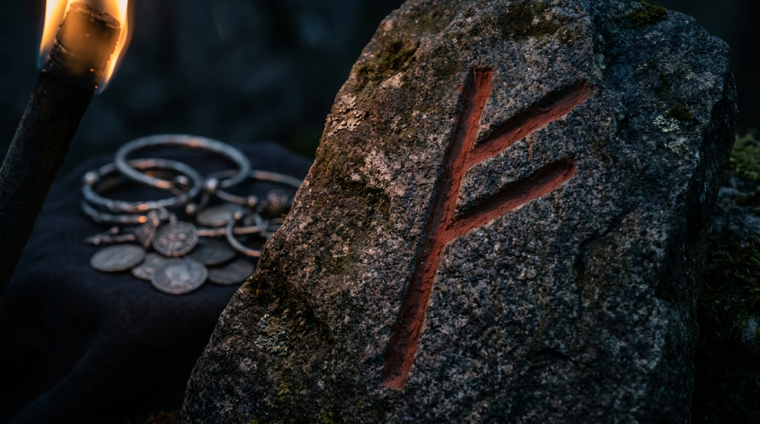 The Fehu rune carved into a runestone with red ochre, a Viking silver hoard blurred in the background