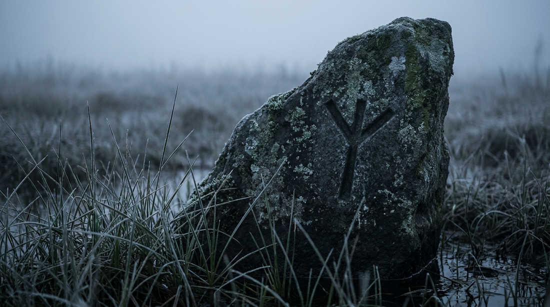 The Algiz rune carved into a mossy standing stone in a misty fen, sharp elk-sedge grass in the foreground