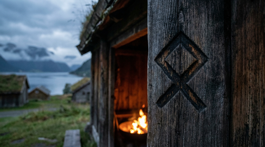 The Othala rune carved into an old oak doorpost of a Norse longhouse, firelight and a fjord farmstead behind