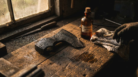 Hand-forged carbon steel Viking bearded axe head on a workbench with linseed oil and a cloth
