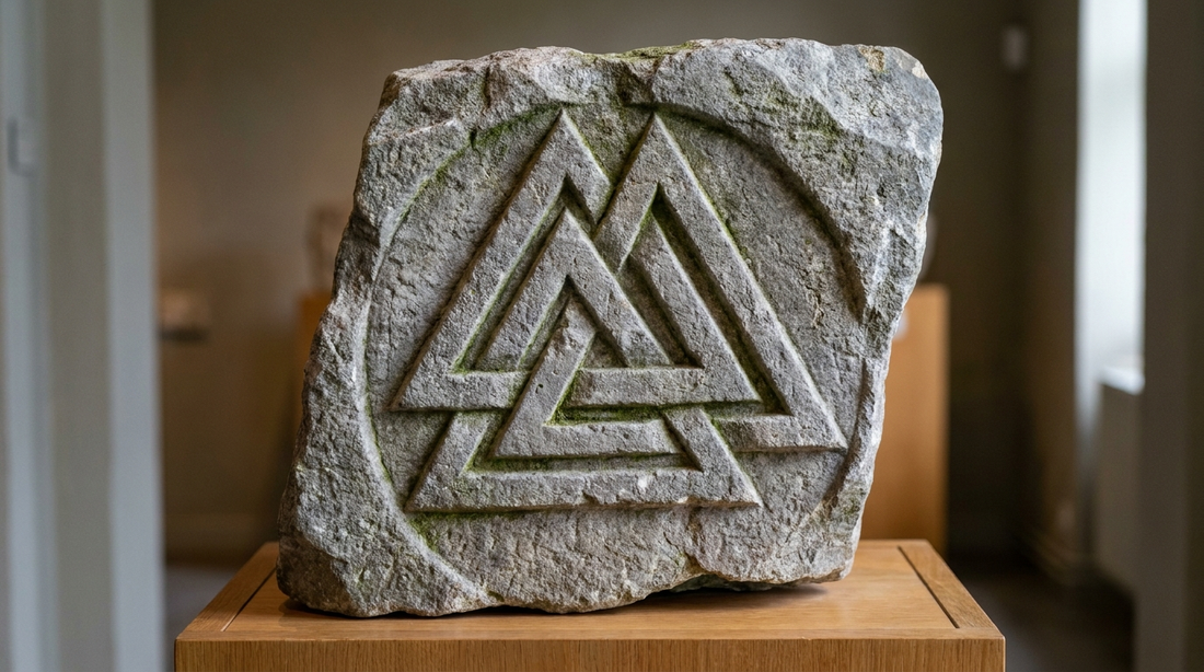 The Valknut, three interlocking triangles, carved into a weathered grey Viking stone
