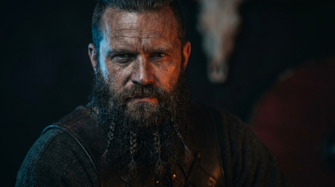 Rugged Viking man with a thick, braided full beard in dramatic Norse lighting