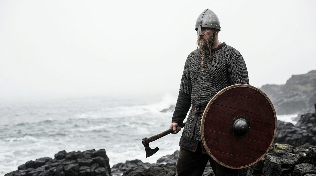 Viking warrior in mail and plain iron helmet holding a single-bladed bearded battle axe and a round shield on a misty northern coast