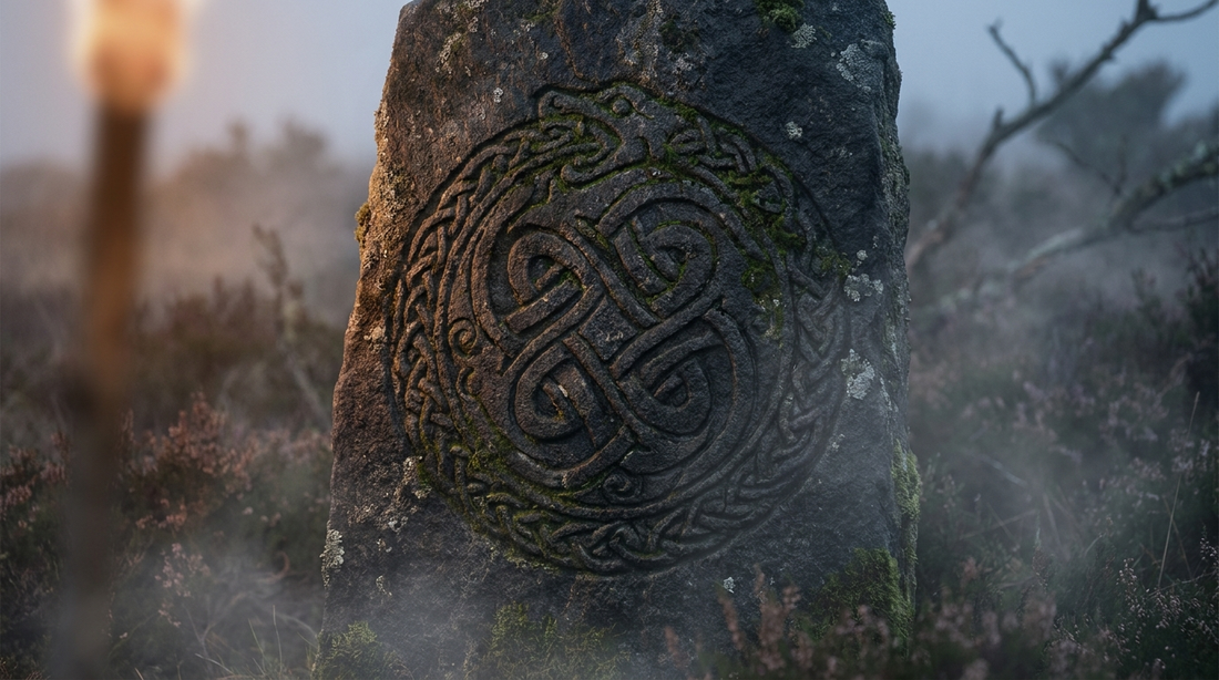 Ouroboros serpent biting its own tail carved in Urnes-style knotwork on a weathered runestone in Scandinavian mist