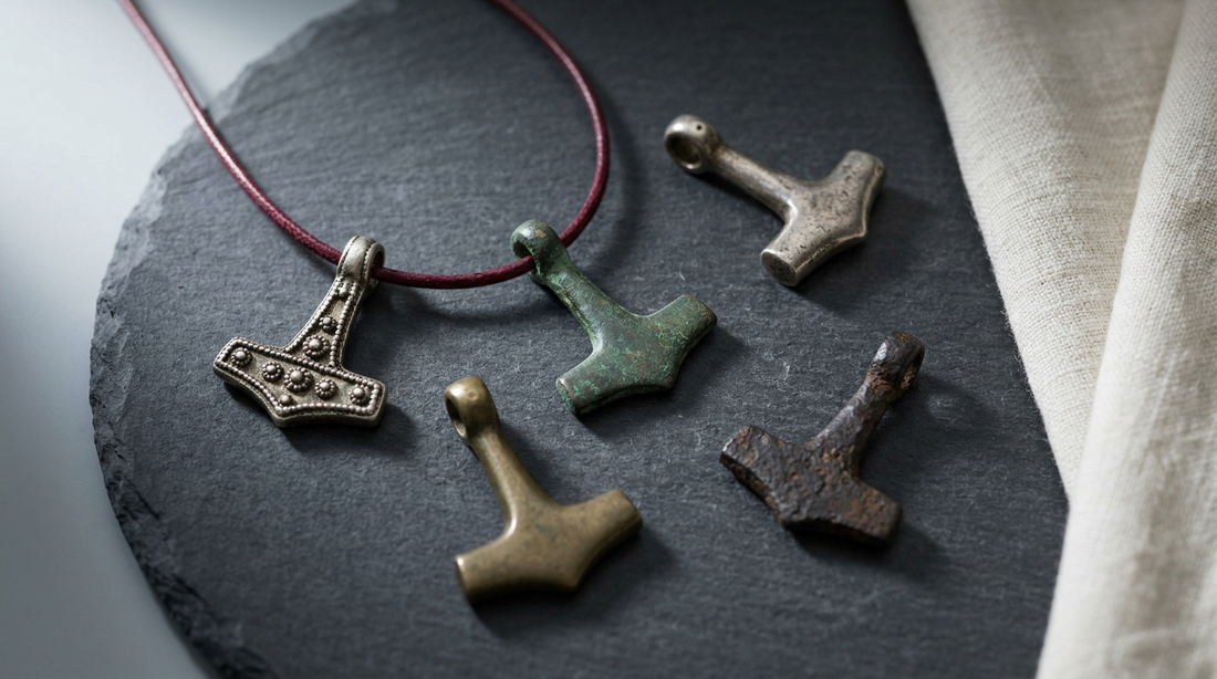 Five Viking-age Thor's hammer amulets in silver, bronze and iron laid on dark slate, one threaded on a red cord, each with a suspension loop at the top of the handle