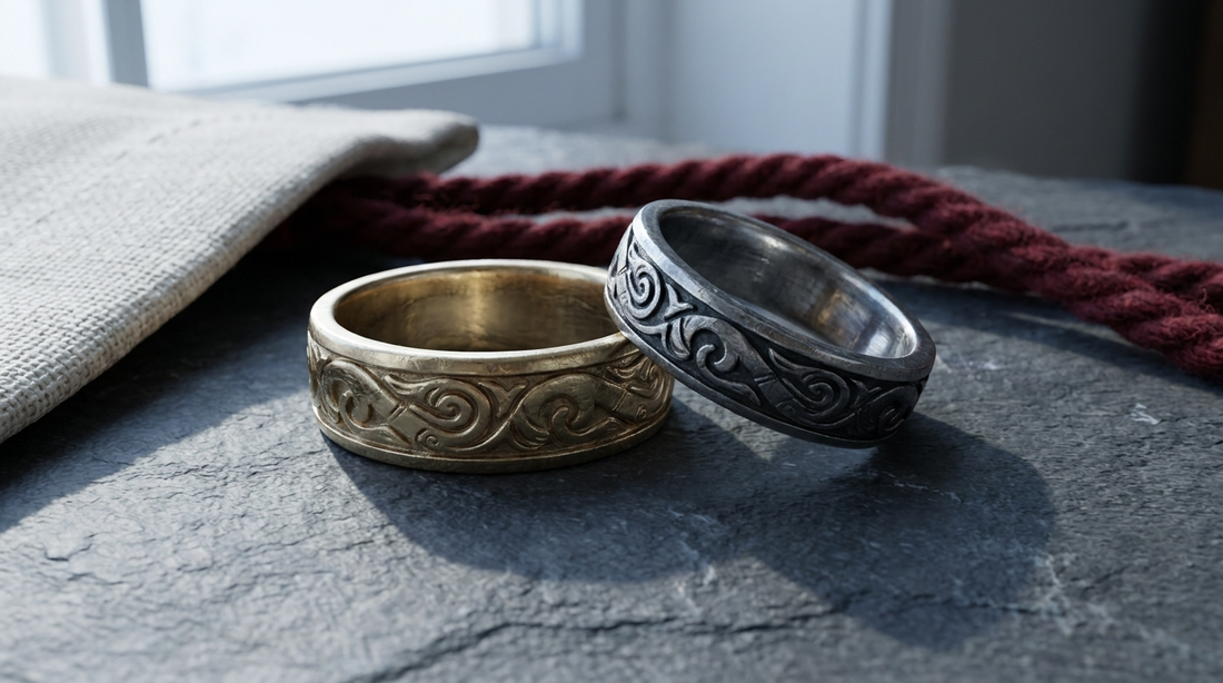 A pair of Norse wedding bands in gold and tarnished silver carved with Scandinavian knotwork, resting on dark slate beside a red cord and bone-white linen