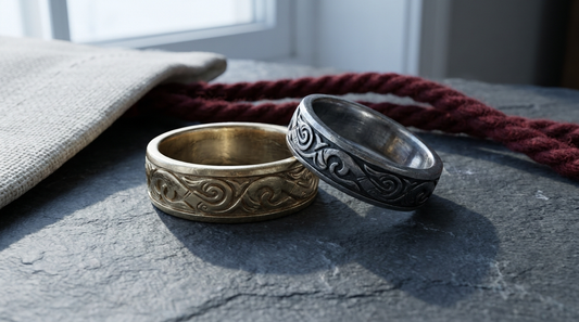 A pair of Norse wedding bands in gold and tarnished silver carved with Scandinavian knotwork, resting on dark slate beside a red cord and bone-white linen