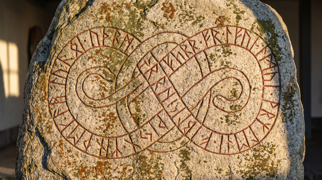 Viking Age runestone carved with a serpent-band of Urnes interlace and a Younger Futhark runic inscription picked out in oxblood pigment