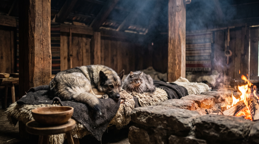 Firelit interior of a Viking longhouse with hand hewn oak posts and woven wool blankets